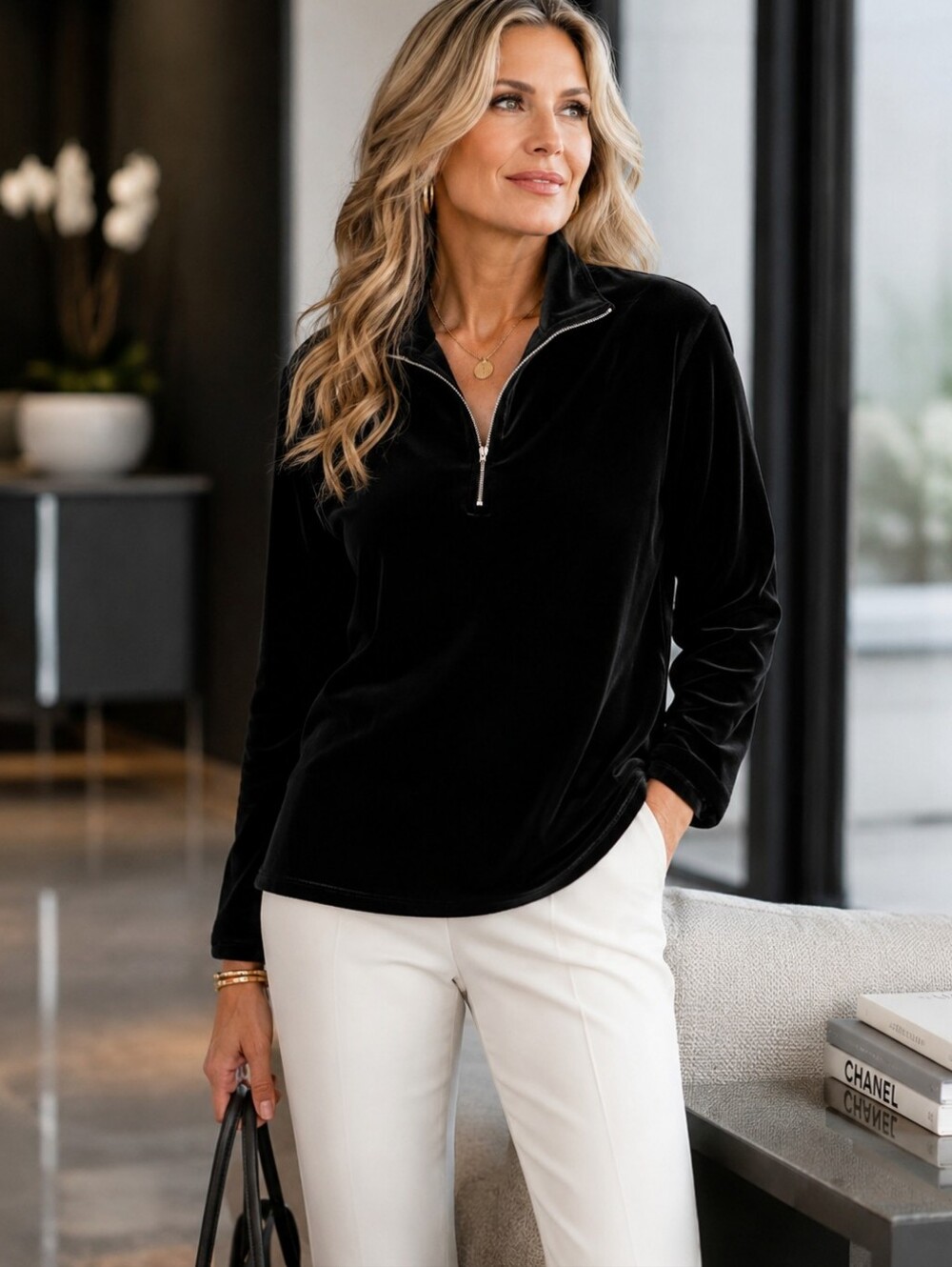 Three hearts Black Velour Quarter Zip Pullover
